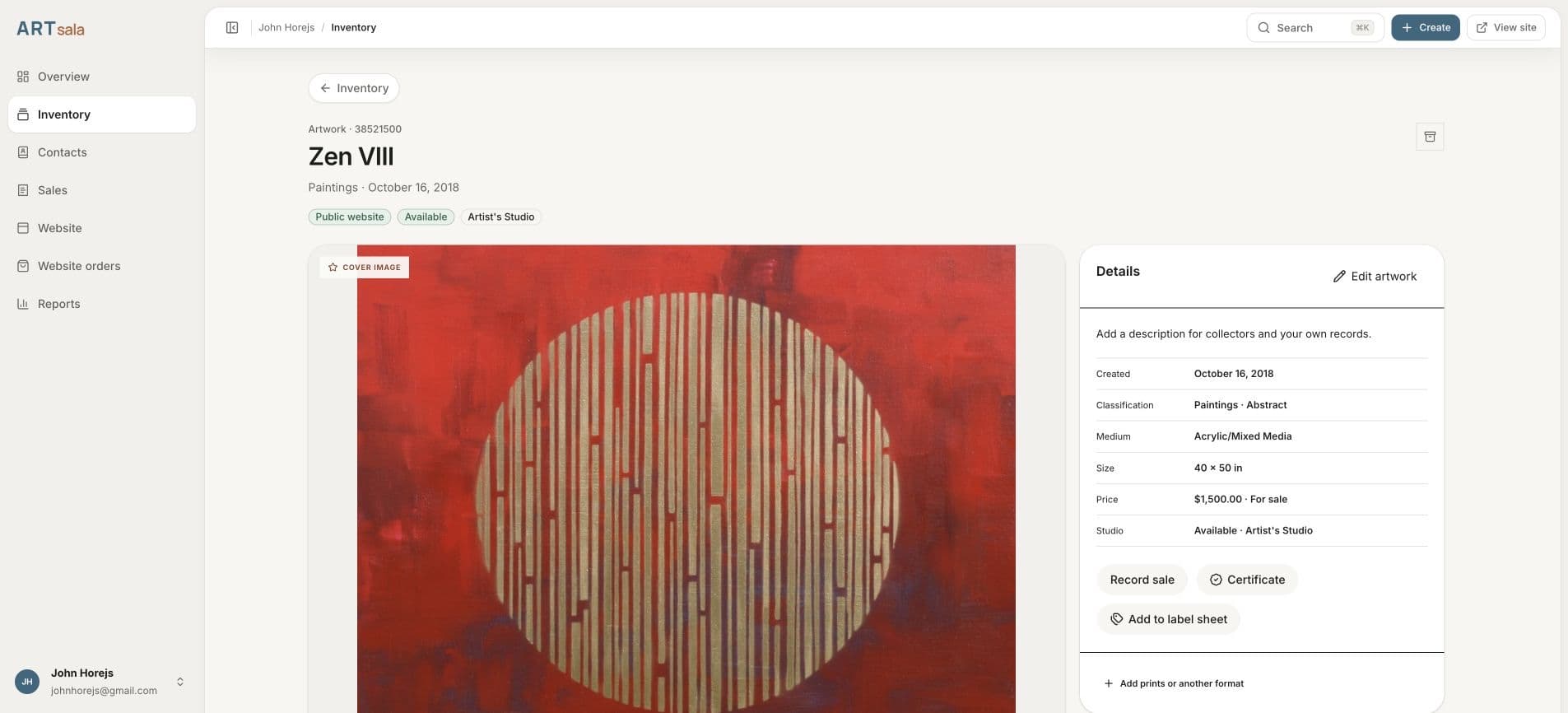 ArtSala artwork detail page showing a complete abstract artwork record