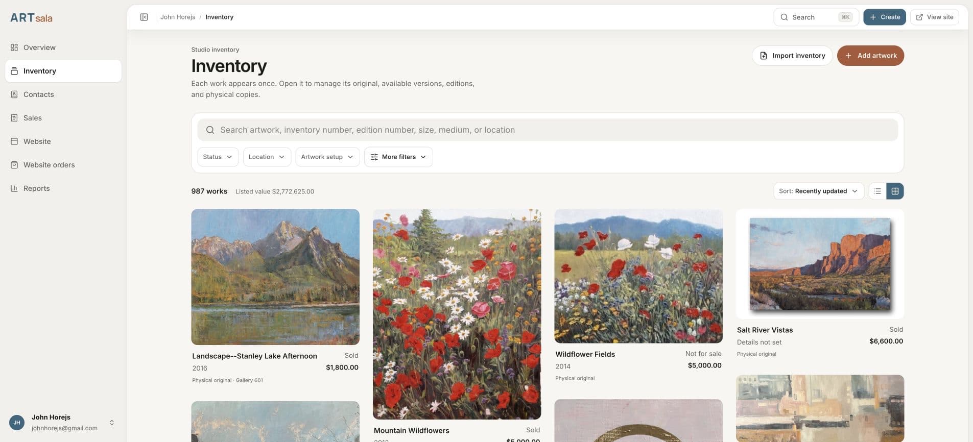ArtSala inventory dashboard showing a gallery of populated artwork records