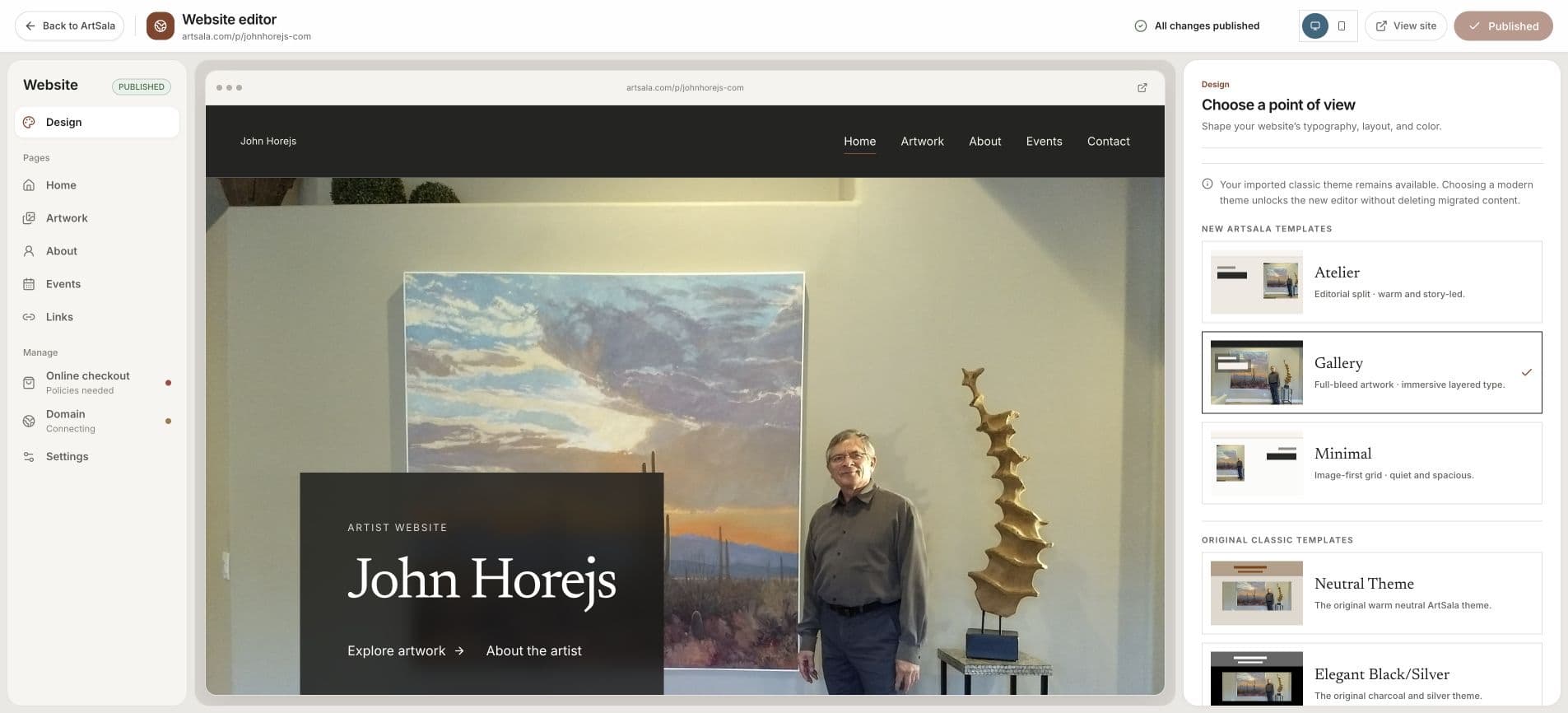 ArtSala website manager showing theme controls and a live artist website preview