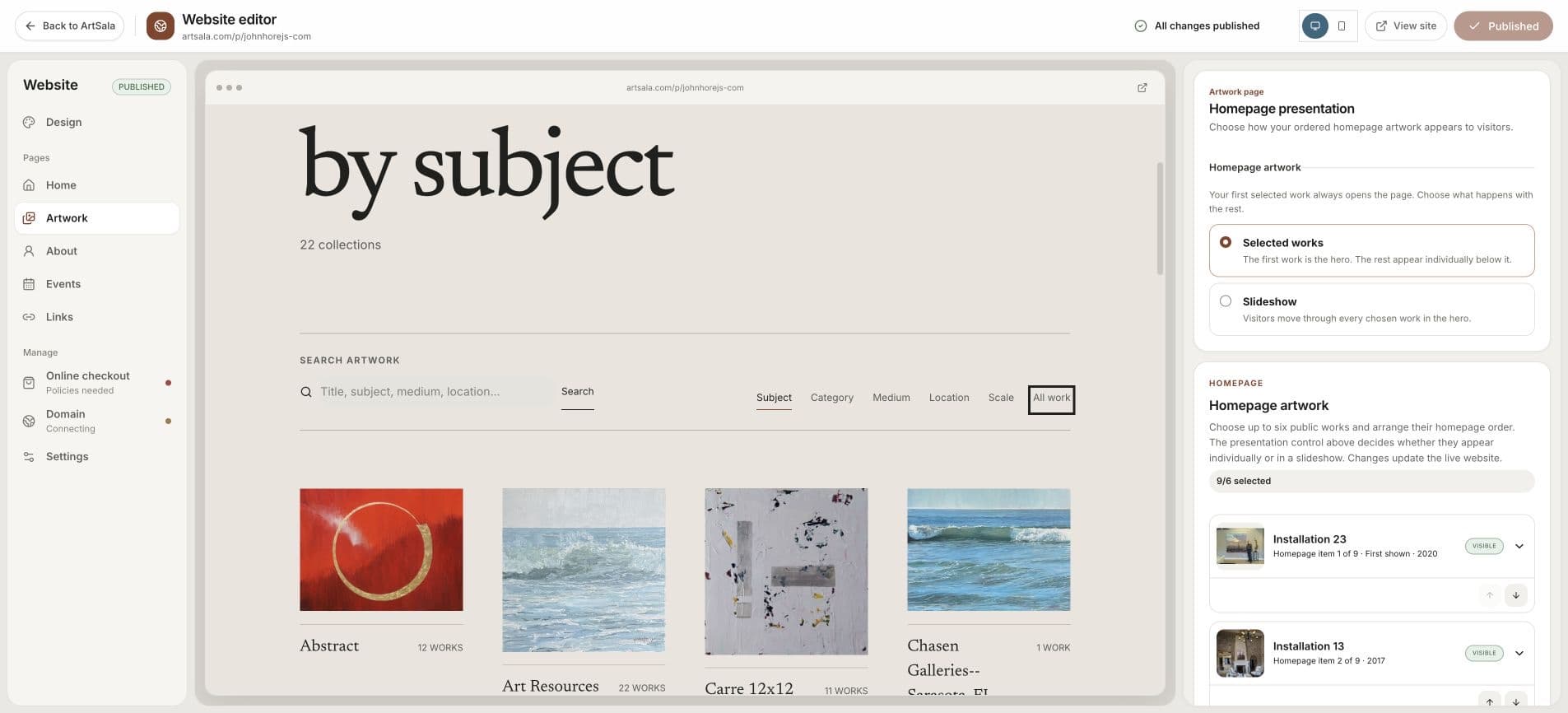 ArtSala website editor showing a published artwork collection