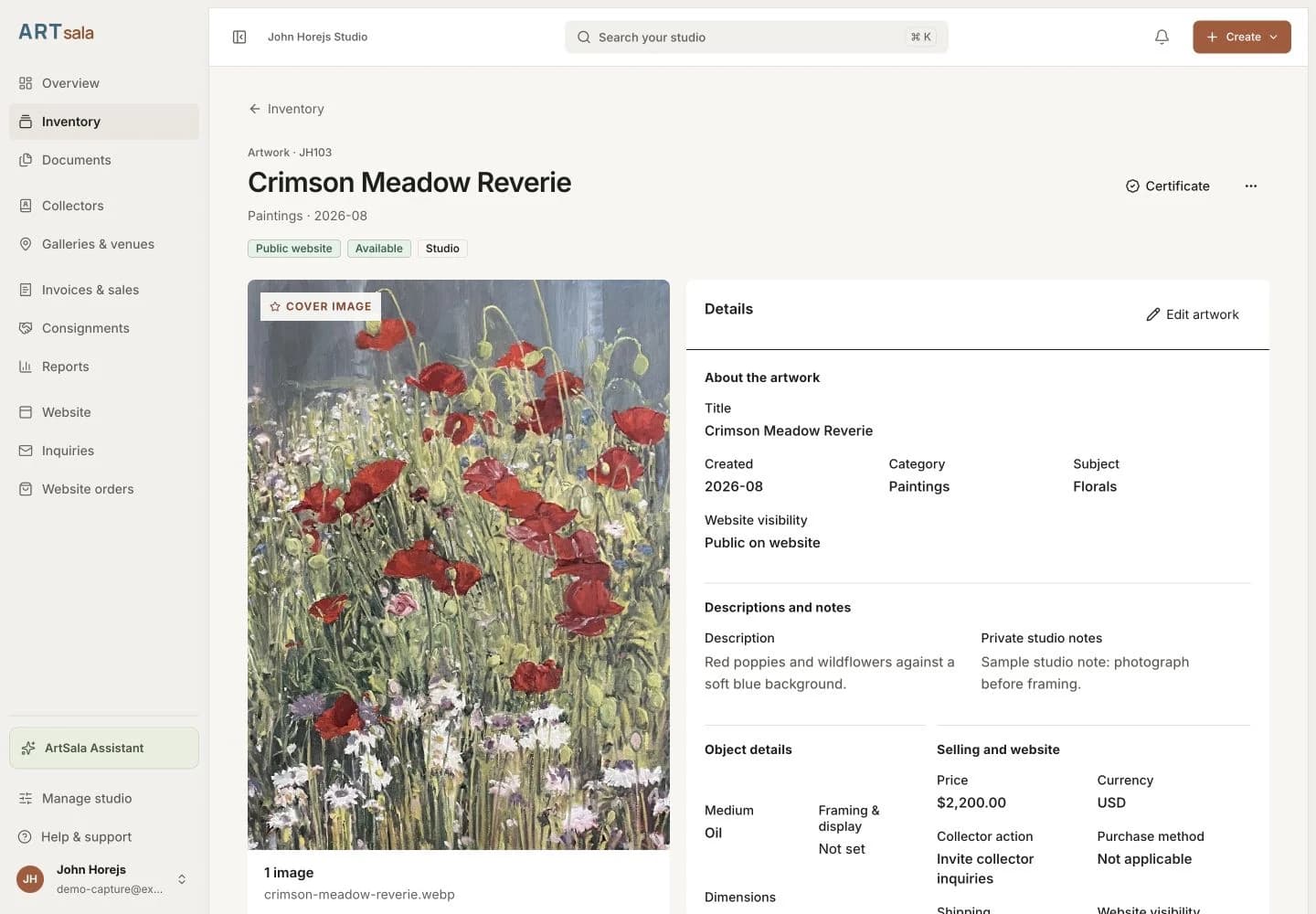 ArtSala artwork record for Crimson Meadow Reverie by John Horejs, with its image and studio details