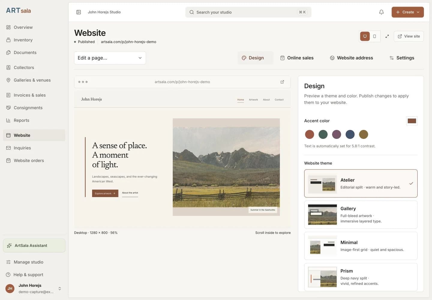 ArtSala website designer showing eight themes and a John Horejs website preview
